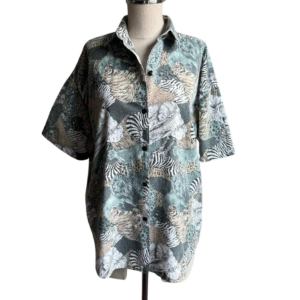 Vintage Best Blouse Co Safari Animal Print Button Shirt Cotton Jungle Sz L